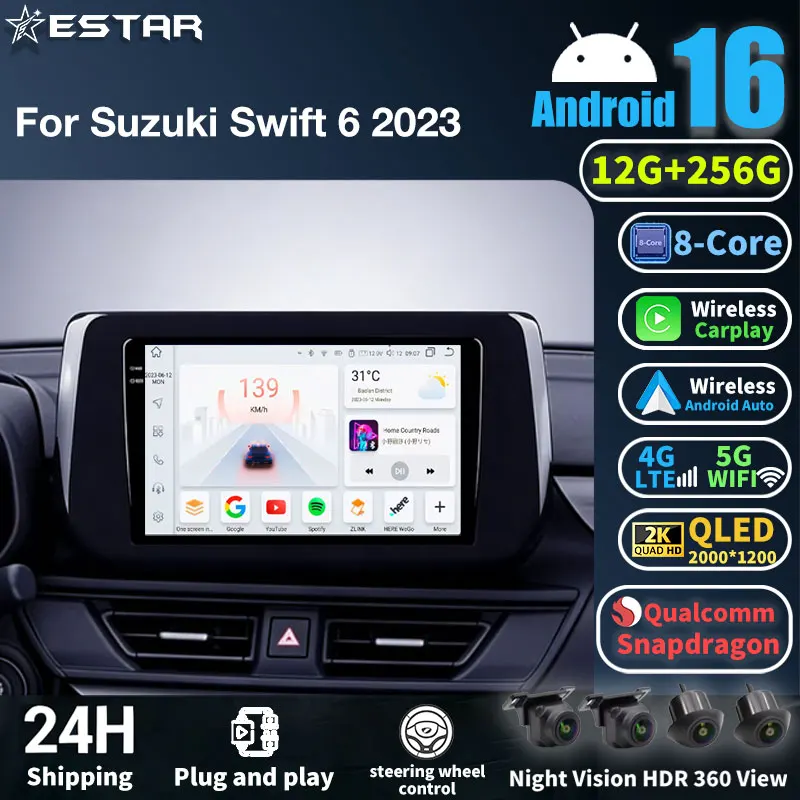 Android 16 Car Radio For Suzuki Swift 6 2023 GPS Multimedia Player Navi Head Unit Wireless Carplay Auto 360 Camera DSP Video RDS