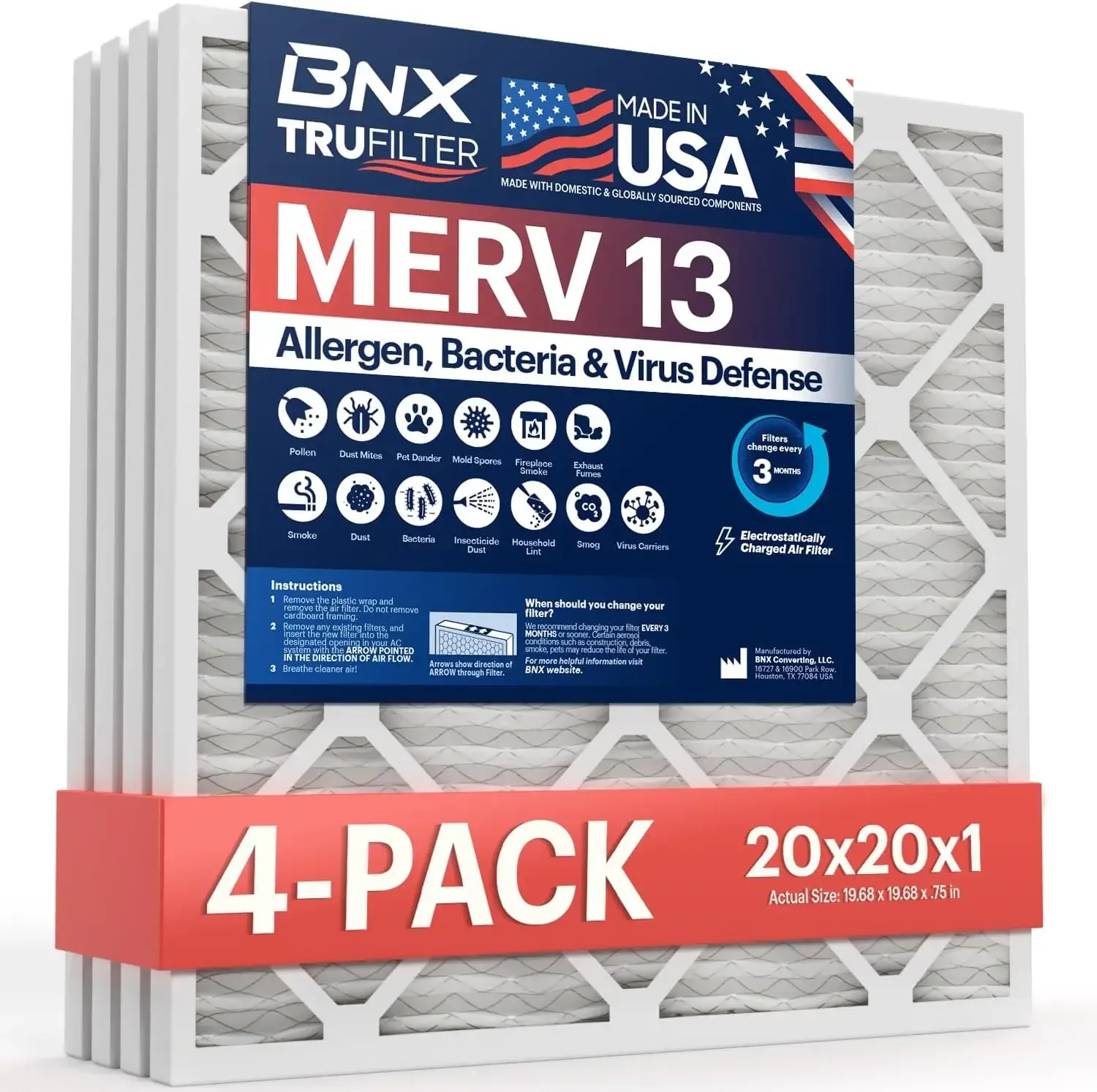 BNX TruFilter-filtro de aire de horno de CA, acondicionador de aire plisado electrostático, HVAC, 20x20x1 MERV 13 (paquete de 4)