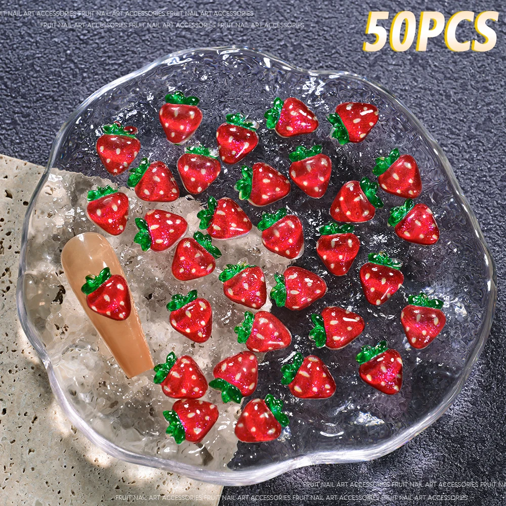 50 szt. - Żywiczne cyrkonie do paznokci w kształcie arbuzu 3D, 8/10/12 mm, letnie owoce, truskawka/wiśnia/brzoskwinia, ozdoby do paznokci DIY, kawaii owoce