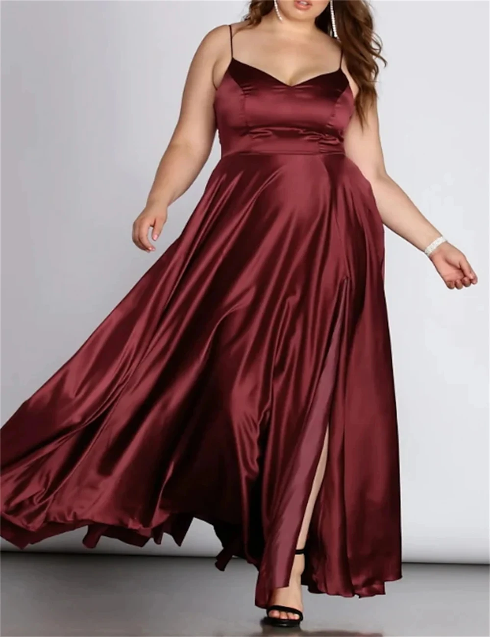 

Simple Classic A-Line Plus Size High Split Prom Dress for Women Engagement V-Neck Sleeveless Floor Length Satin with Pleats Slit