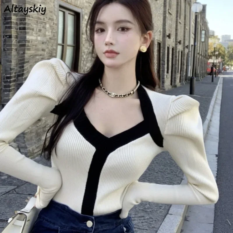 

Long Puff Sleeve Knitted Pullovers Women Crop Korean Style Contrast Color V-neck Slim Sweaters Streetwear Elegant Gentle Chic