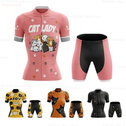 Cartoon Cat Women Cycling Jersey Set 2023 Funny Summer Bicycle Cycling Clothing Short Sleeves Bike Clothes Maillot Ropa Ciclismo