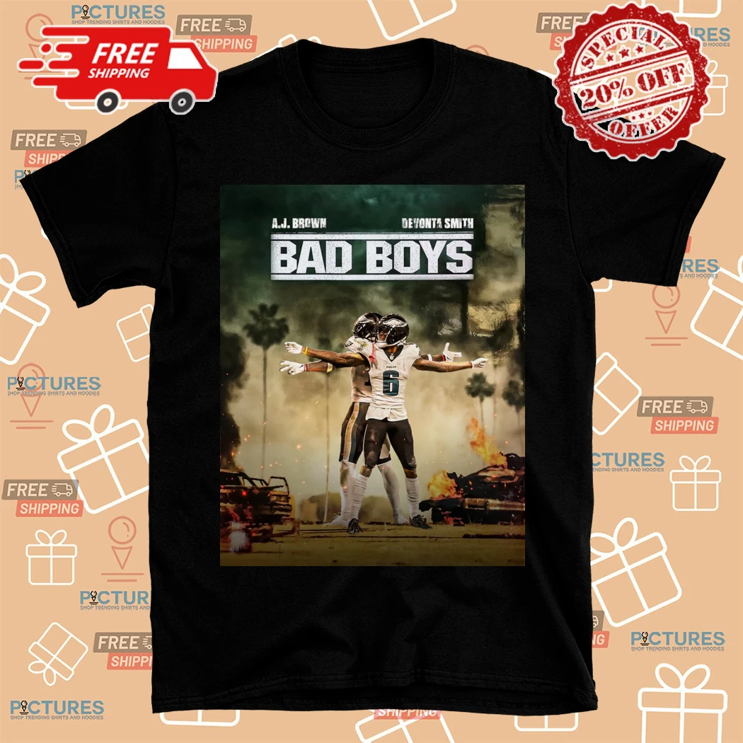 Camiseta com pôster da equipe Philadelphia Eagles NFL AJ Brown e Devonta Smith Bad Boys com estampa estampada para homens e mulheres