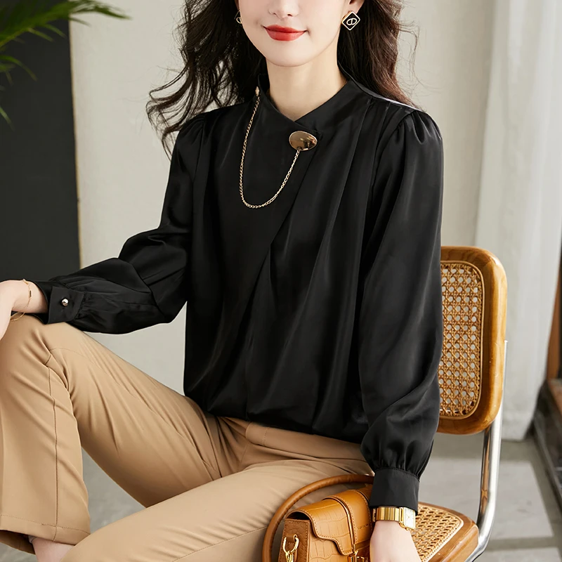 

Top Grade Women Silk Blouse 2023 Spring Korean Fashion Clothing Tops Ladies Long Sleeve Chain Decration Sill Blouse Shirts