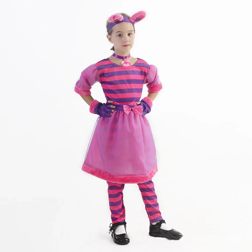 

Roaming in Wonderland Cheshare Cat Kids Cosplay Costume Cute Purple Striped Dress Suit Girls Role Play Dress Halloween Party