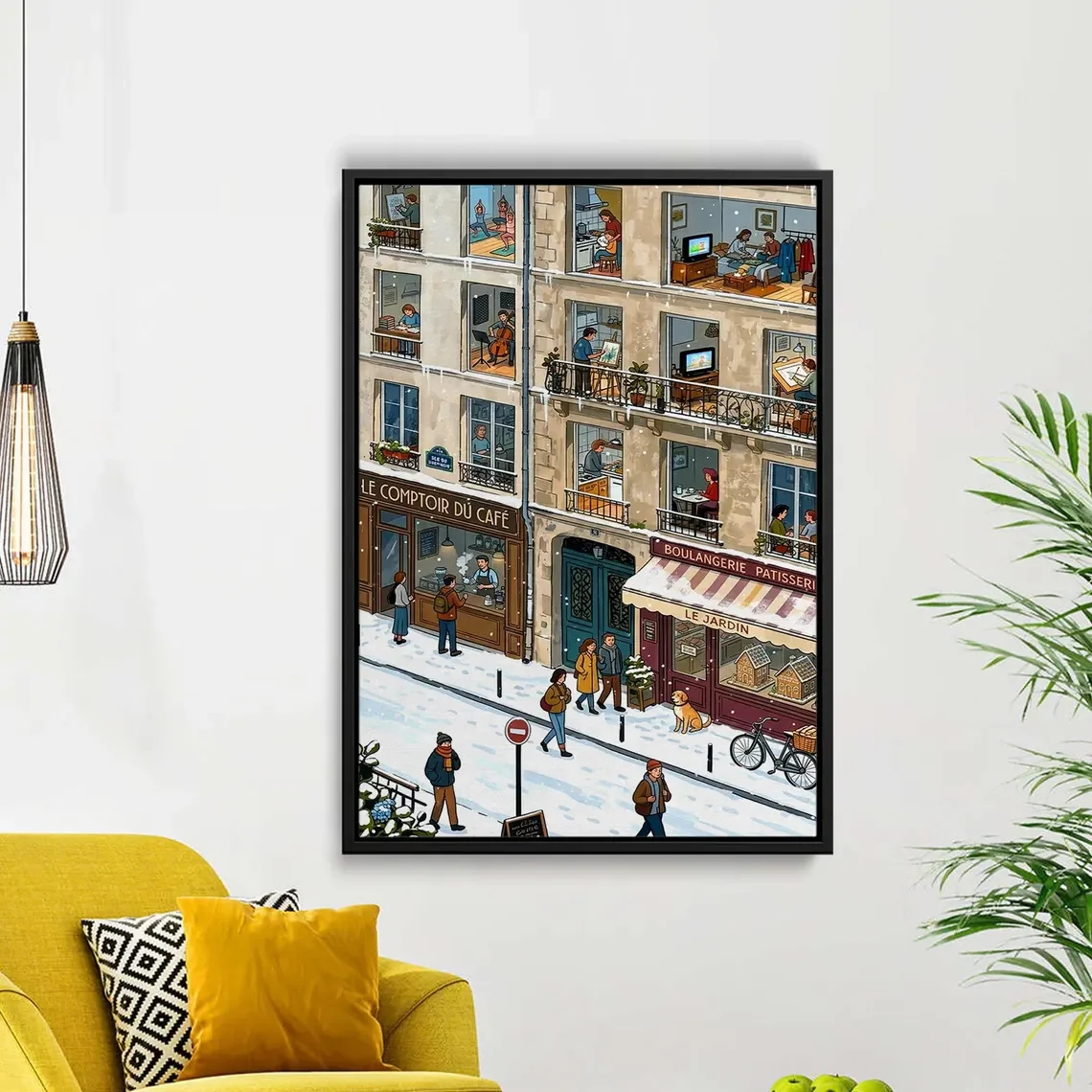Snowy Paris Street Canvas Wall Art, Cozy Winter Apartment Illustration, French Café Cityscape Poster