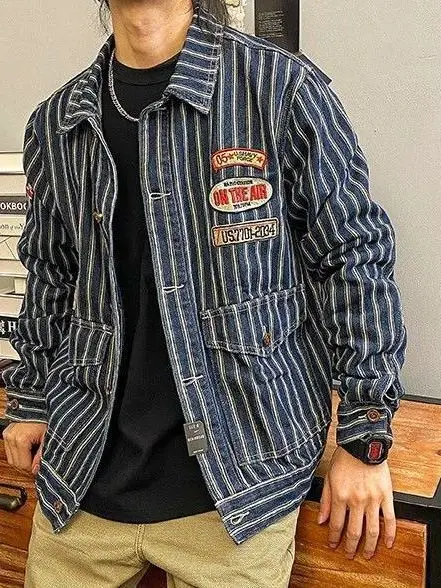 Retro Korean Style Striped Loose Fit Collared Jacket for Men Spring 2026 Casual Classic Button up Shirt Trendy Top