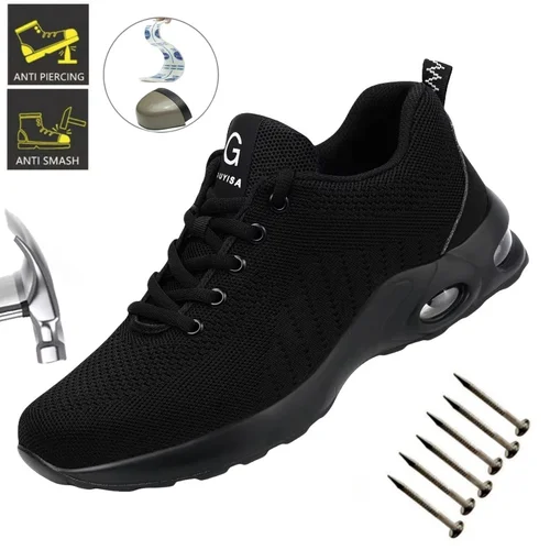 Imagen 1 del producto Zapatos de seguridad para el trabajo con cojín de aire para hombre, zapatillas de trabajo transpirables, zapatos con punta de acero, zapatos protectores de seguridad antipinchazos para mujer y hombre