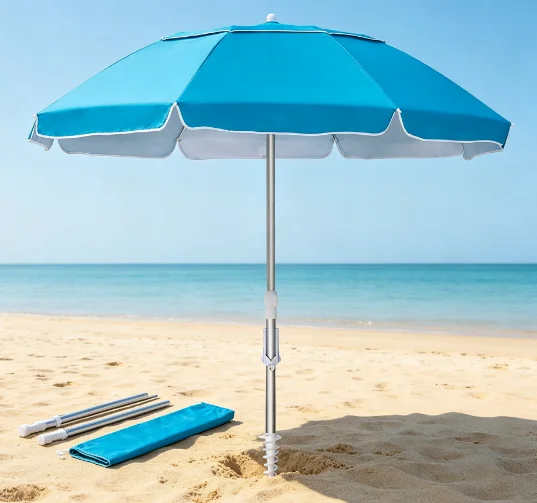 Portable Beach Sun Shade Oxford Fiber Glass Rib Windproof Air Vent UV50+ Custom Umbrella Integrated Sand Anchor