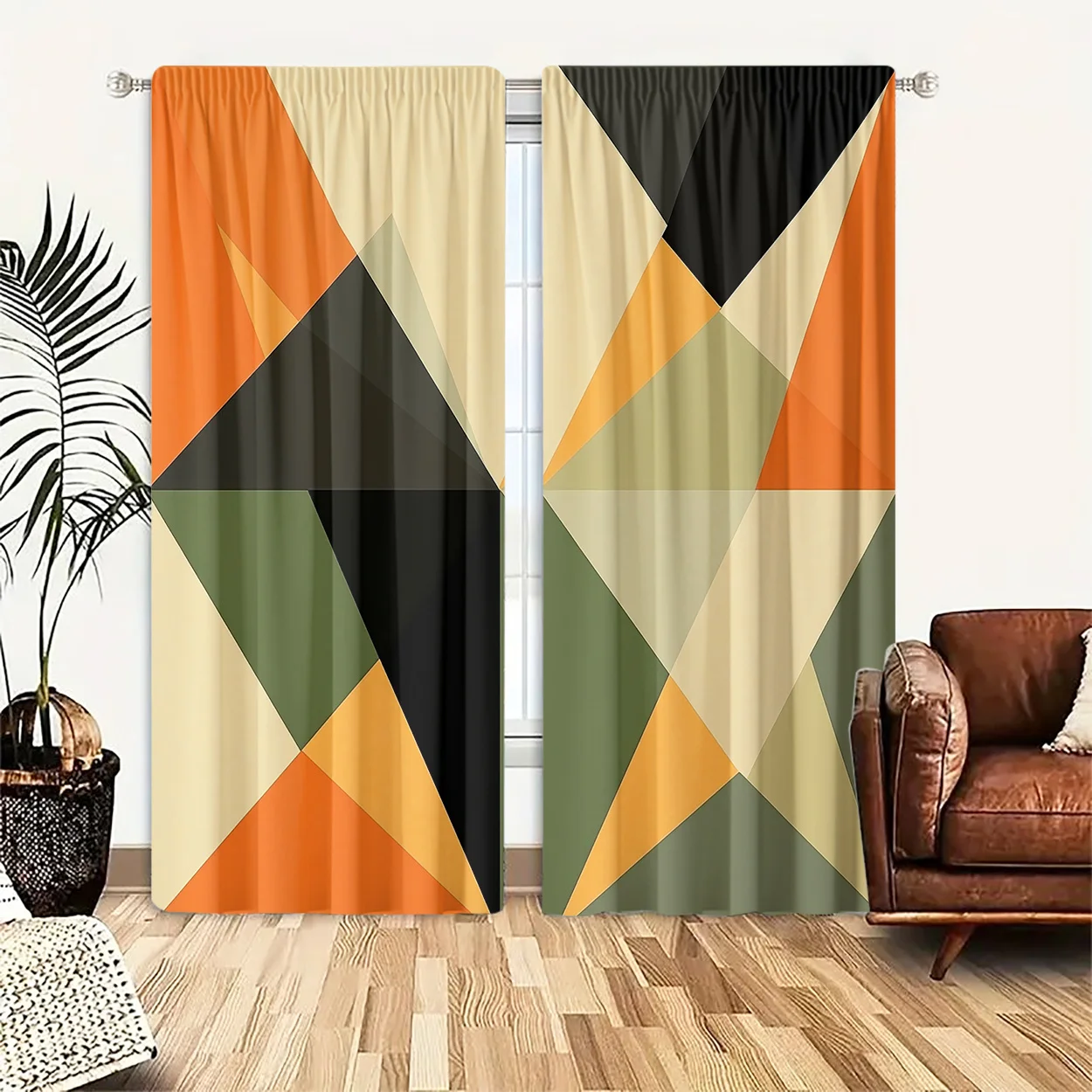 Mid Century Geometric Triangle Curtain 2 Panels, Abstract Overlap Shapes Orange Olive Beige Black Print, Drapes Bedroom Curtain