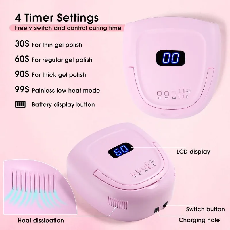 60W Professional Rechargeable UV LED Nail Lamp Wireless Gel Laquer Manicure Pedicure Lamps Smart Sensor Nail Dryer