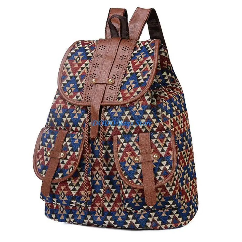 

E8FB Vintage Print Canvas Ethnic Backpack for Women Girls School Drawstring Bohemia Travel Rucksack