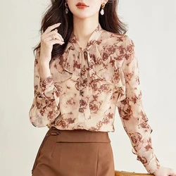 Autumn Women Vintage Floral Print Ruffles Lace Up Shirts Korean Fashion Elegant Long Sleeve Blouses Casual Sweet Chic Loose Tops