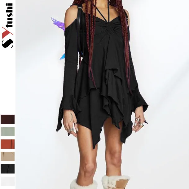 

Women's Splicing Off-Shoulder Long Sleeve High Waist Suspender Skirt Ruffle Edge Dress