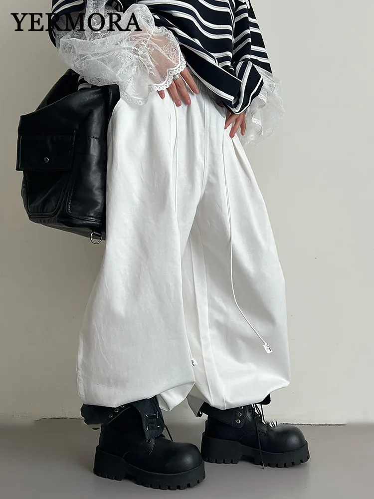 

YERMORA Белые кружевные повседневные широкие брюки с высокой эластичной резинкой на талии для женщин Свободные новые брюки Fashion Tide Весна Осень 2025