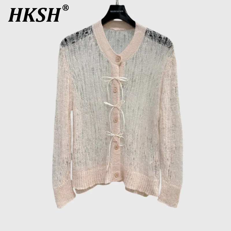 HKSH Damska Moda Punkowa Wiosna Lato Nowa Kolekcja Słodka Kokarda Elegancki Kardigan Cienka Przezroczysta Europejska Koszula Dzianinowa z Motywem Pajęcej Sieci HK4897