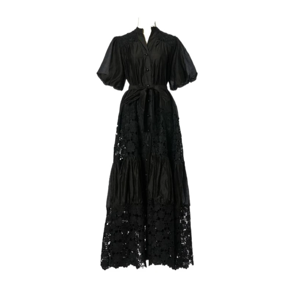 New Heavy Industry Lace Splicing V-neck Bubble Sleeve Dress with Female Strap Waist Cinching and Slimming A-line Long Dress
