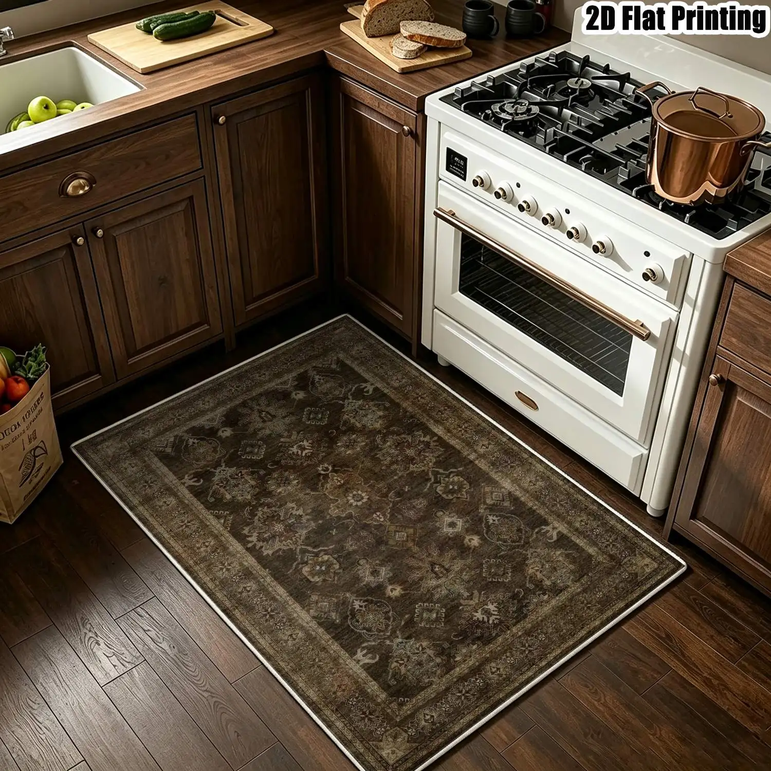 1Pc 2D Printed Velvet Retro Floral Carpet, European/Bohemian/Geometric Style, Machine Washable, Multi-Size for Home Decor, Multiple Uses