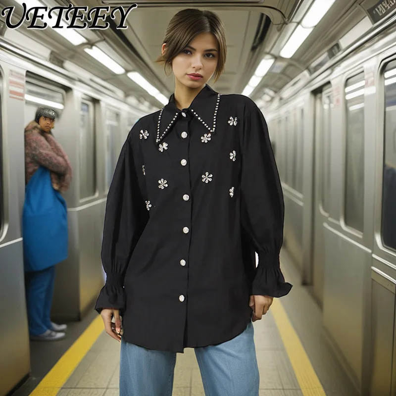 

Французский ретро стиль с лацканами, однотонные топы со стразами, весна-лето, новая блузка с длинными рукавами, свободная рубашка с рюшами для женщин