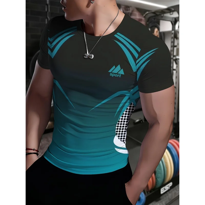 Original Design Geometric Print Men's Athletic T-Shirt High-Elasticity Body-Hugging Quick-Dry Short Sleeve Crew Neck for Summer