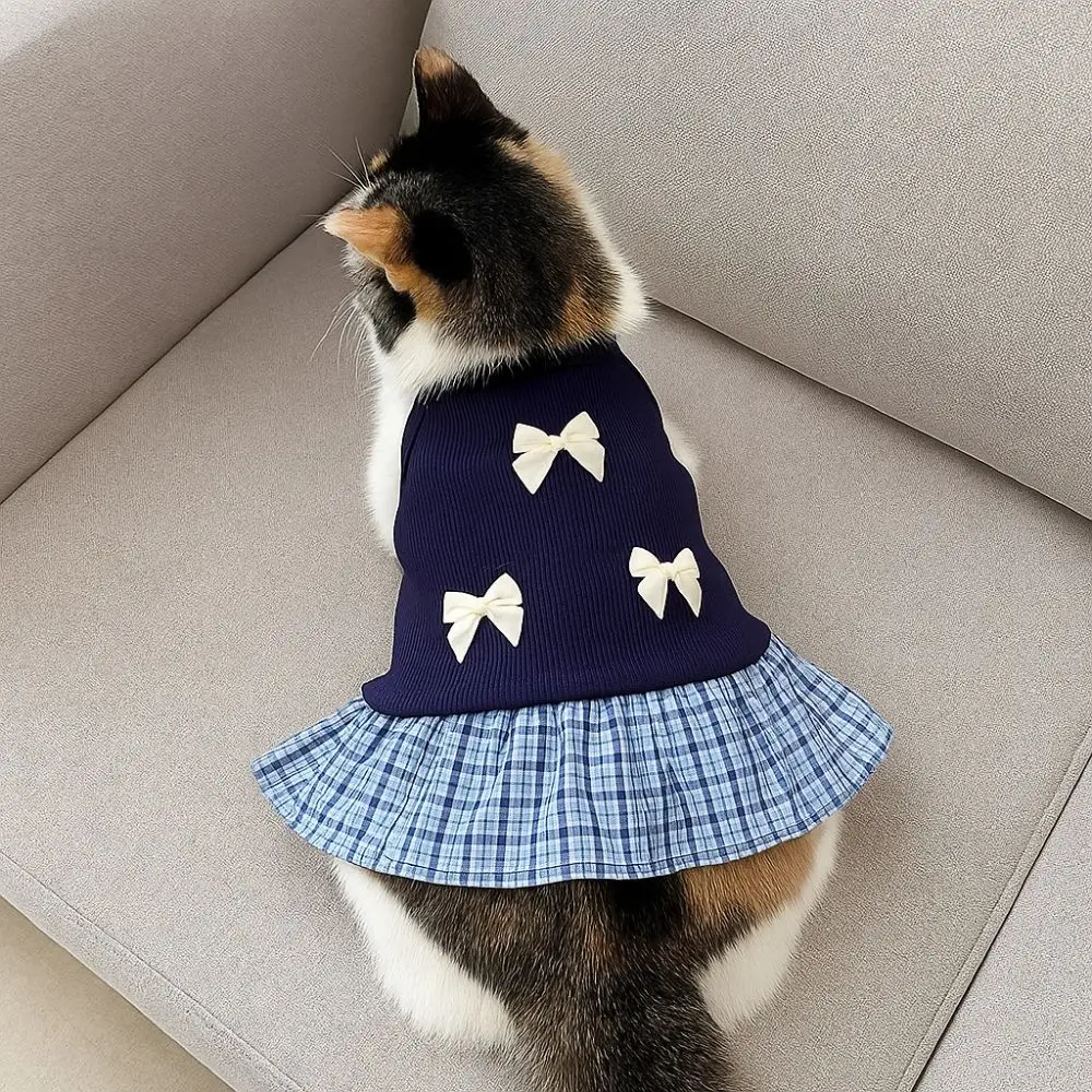 

Cute Korean Style Dog Princess Skirt Breathable Soft Pet Strap Dress Bowknot Plaid Thin Cat Bow Dress Pet Party