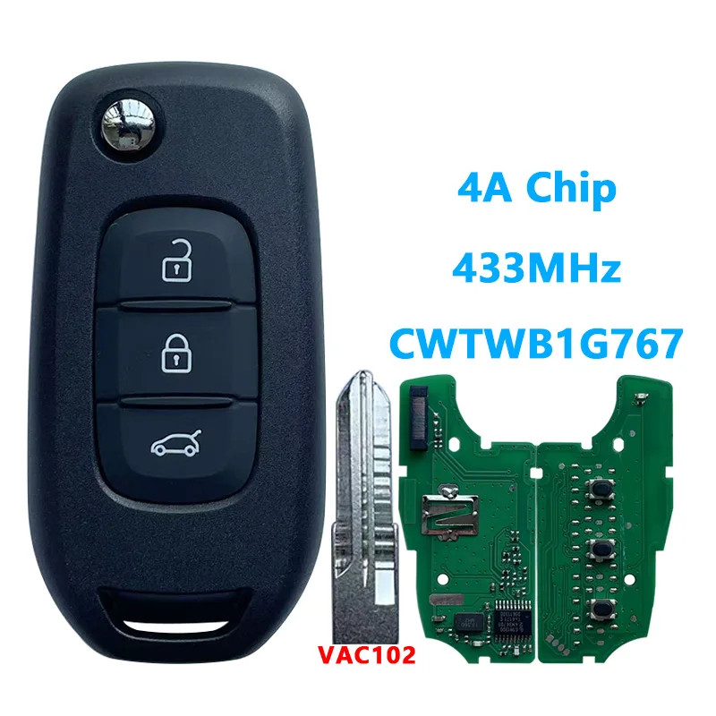 CWTWB1G767 For Renault Megane3 Logan2 Kadjar Captur Symbol Dacia Duster 4A Chip 433MHZ PCF7961M 3 Buttons Smart Flip Car Key