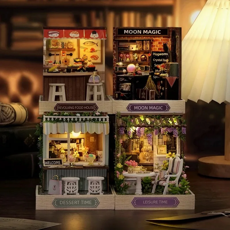 

DIY mini dollhouse making room toys candy shop coffee sushi sakura noodles house decorations house with wooden craft