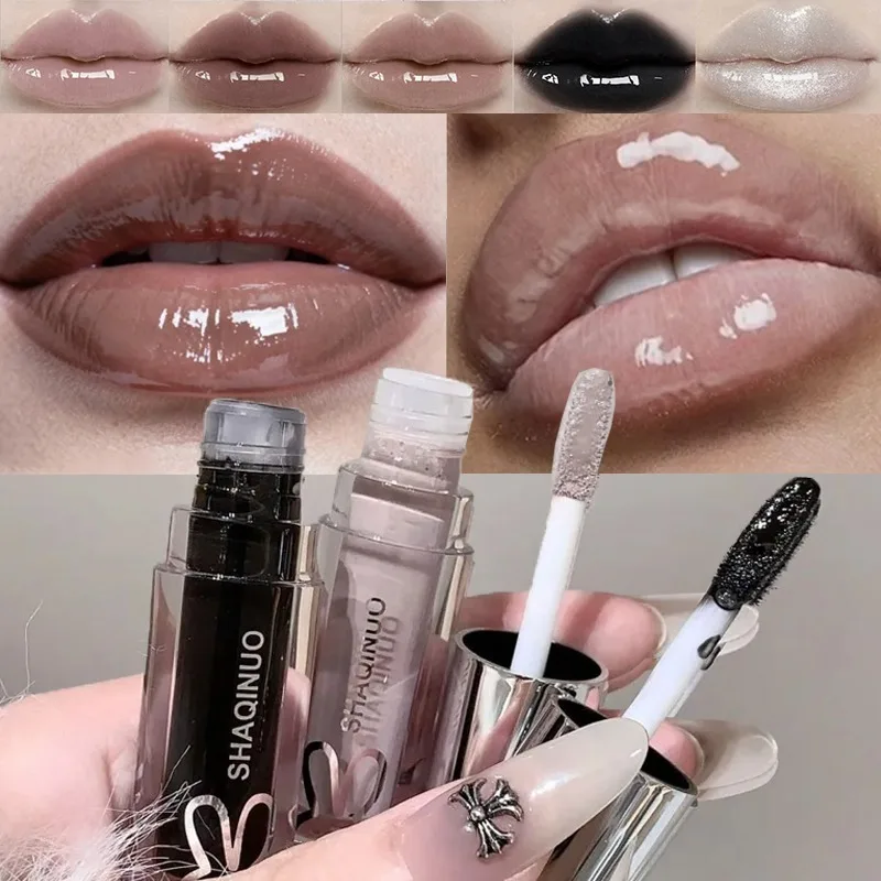 Water Light Mirror Lip Gloss Crystal Nude Jelly Lipstick Moisturizing Lasting Cool Black Silver Pearl Sparkling Lip Oil Cosmetic