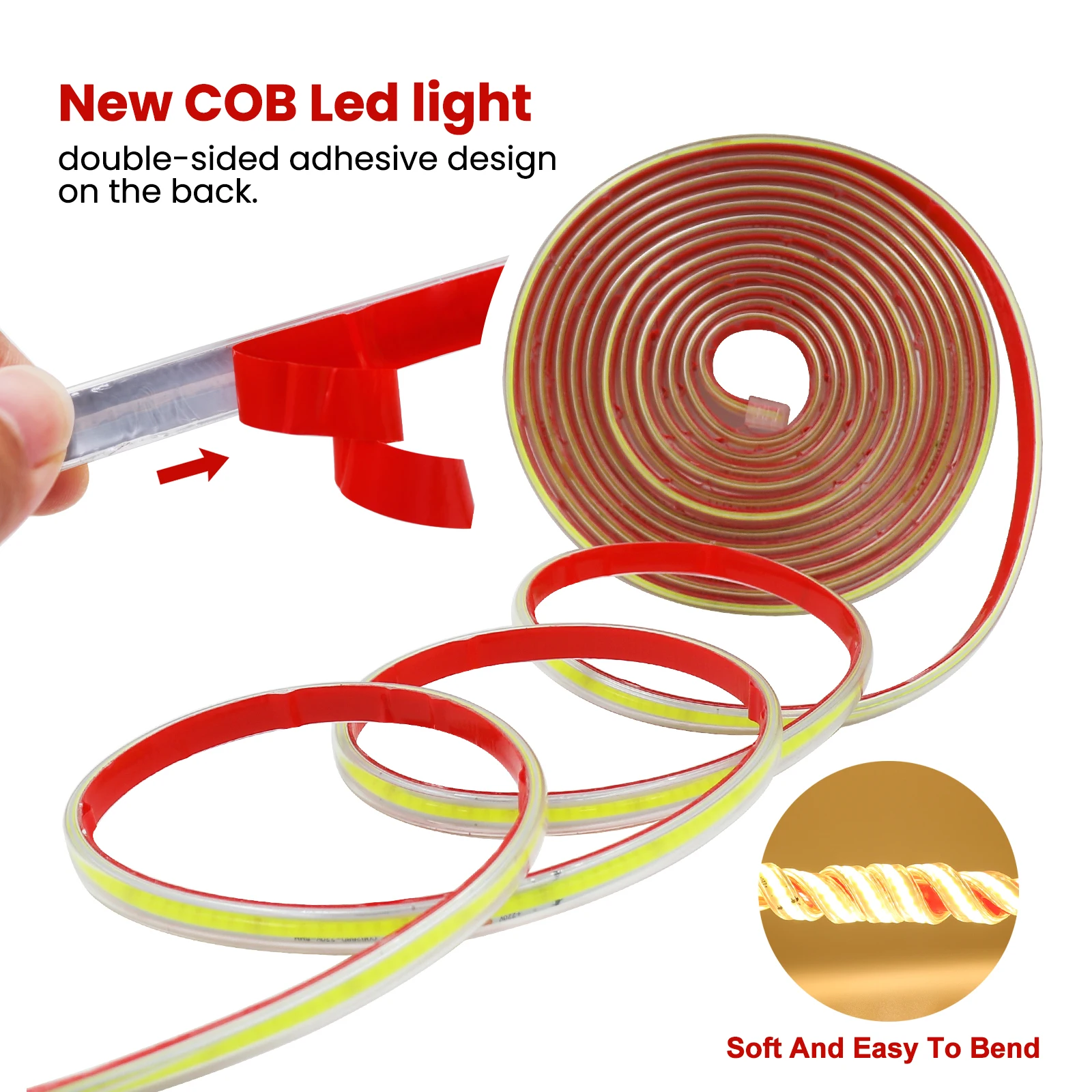 IP67 Waterproof COB LED Strip Lights 220V with Switch EU Plug Adhesive Flexible Ribbon Tape for Home Outdoor Garden Lighting