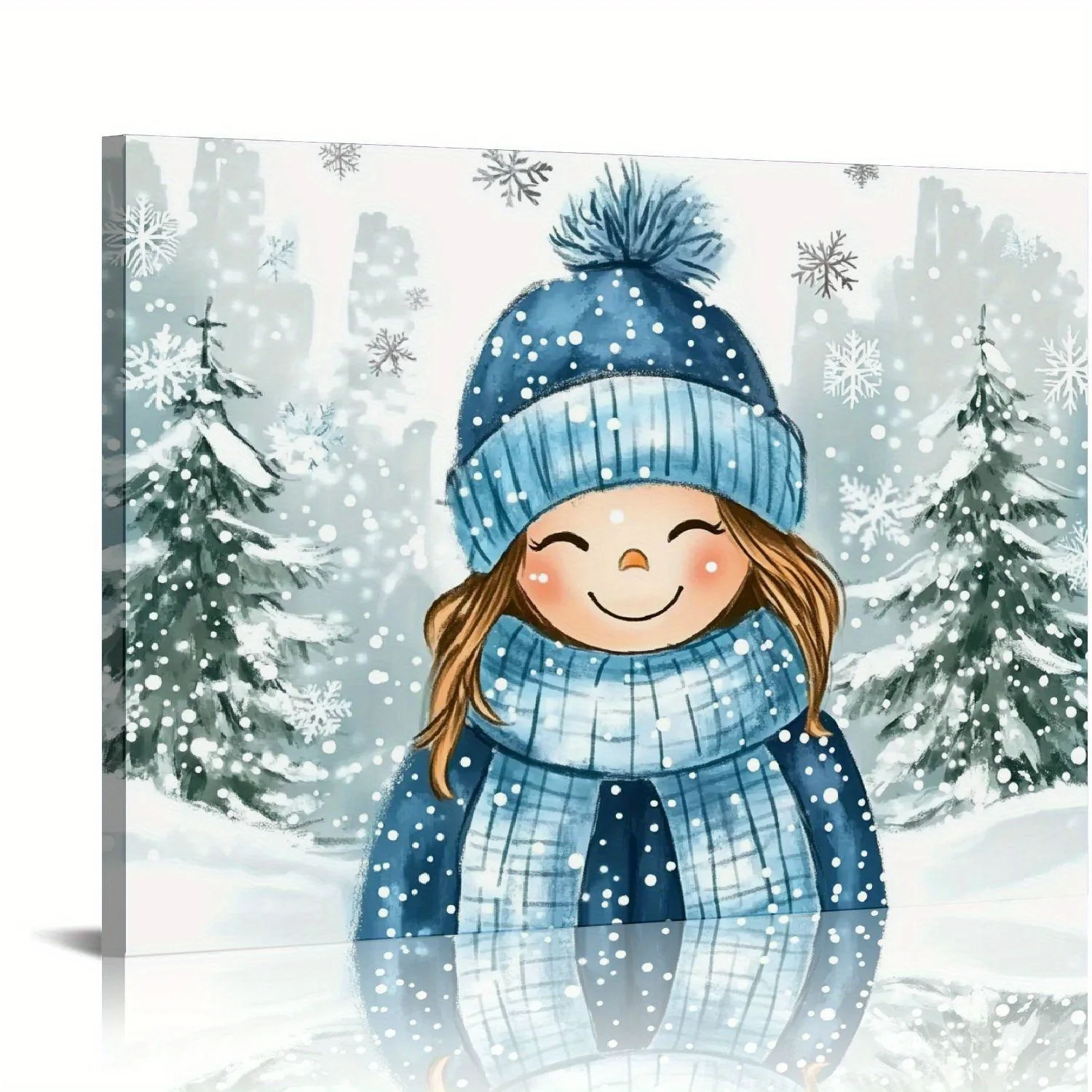 1pc inverno quente capa vermelha menina mural bonito nevado moldura de madeira em menina sorridente ilustração adicionar calor do feriado quadro de lona