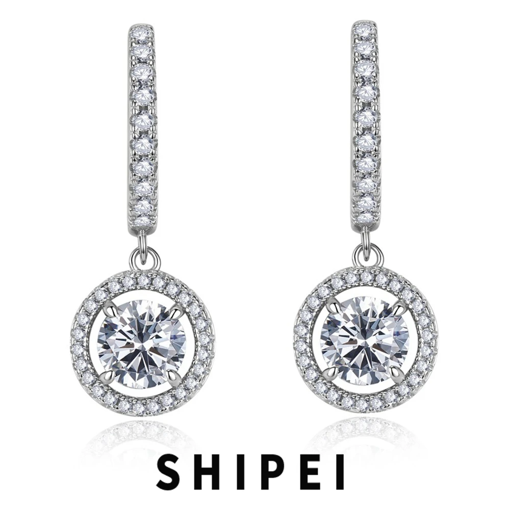 SHIPEI Solid 925 Sterling Silver Round 1 CT White Sapphire Gemstone Wedding Engagement Fine Jewelry Dangle Earrings Wholesale