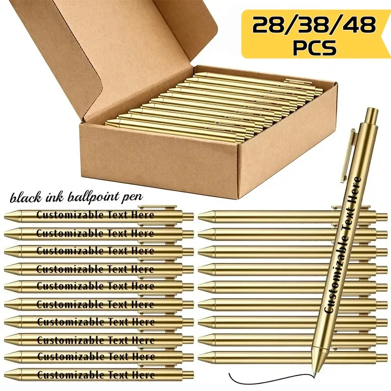 28/38/48PCS Custom Luxury Ballpoint Pen Set with a Kraft Gift Box Retractable Black Ink Laser-Engraved Text Smooth Writing Pen