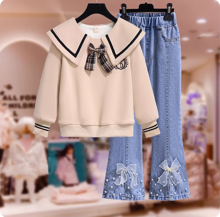 

Girls' College Style Hoodie Set Spring and Autumn Style Top Jeans Two-piece Set