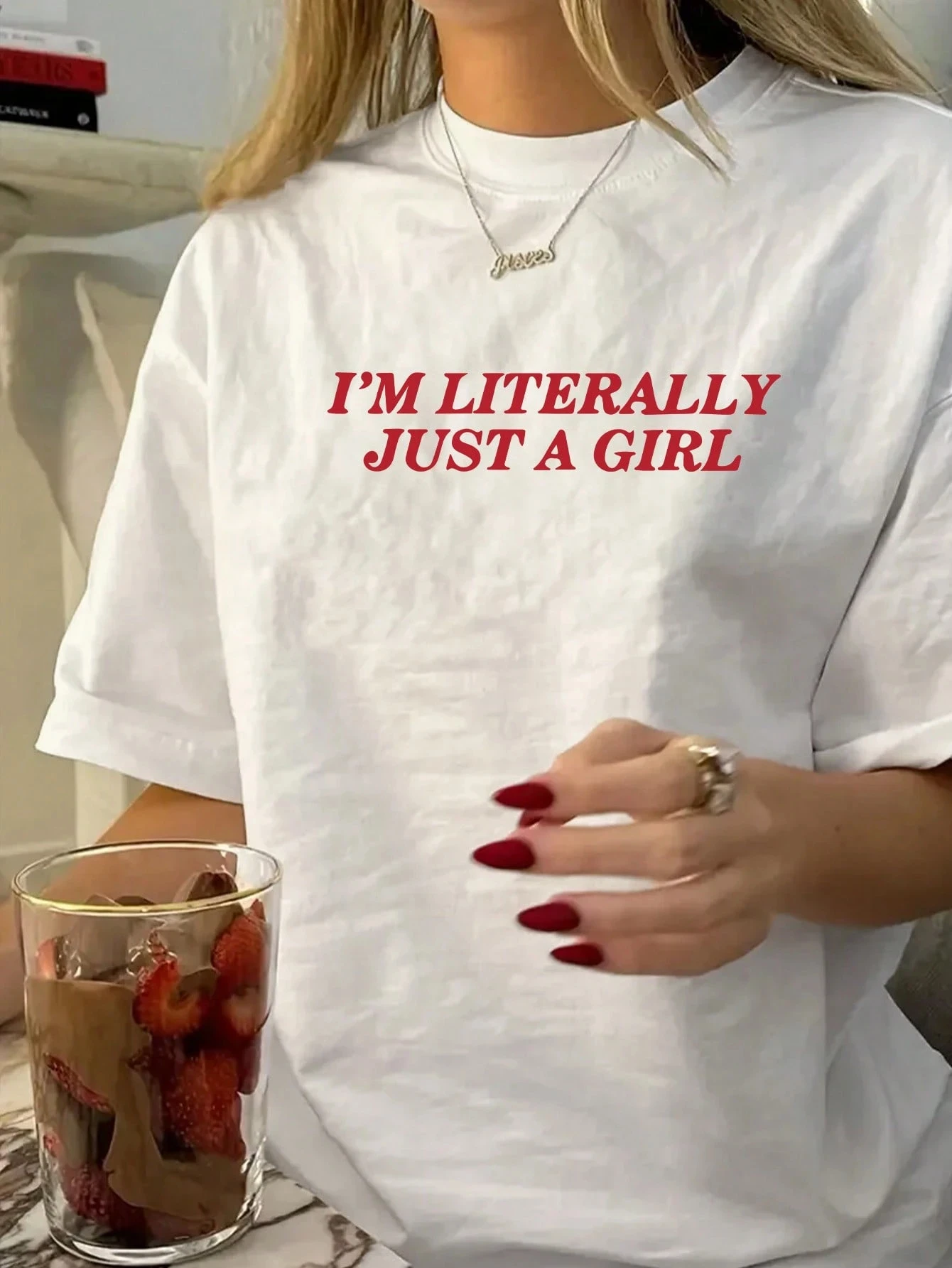 

Women'S "I'm Literally Just A " Graphic Sleeve T-Shirt Black with Red Text Perfect for Spring Summer Fashion Aesthetic Clothes