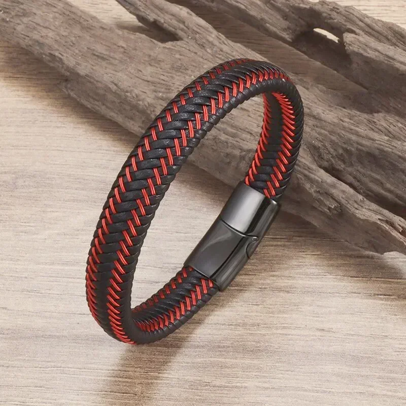 Klassische rote handgeflochtene einlagige Lederarmband-Armreifen mit Magnetverschluss, Herren-Charm,