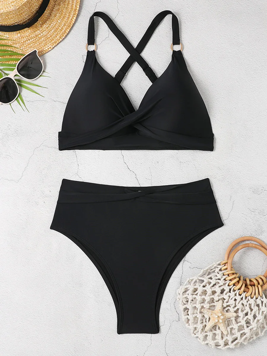 2024 Cross Ring Link Two Piece High Waist Bikini Women Swimwear Female Swimsuit Bathers Bathing Swimming Suit Beachwear Summer