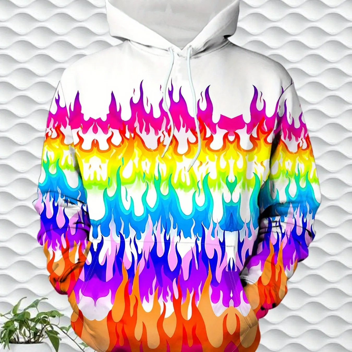 Men's Hoodie Thin Rainbow Flame Print Drawstring Long Sleeve Spring Autumn Casual Pullover Mens Clothing