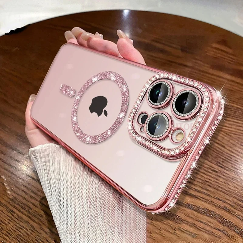 Luxury Bling Crystal Lens Film Phone Case For iPhone 15 11 12 13 14 Pro Max Plus Magsafe Magnetic Wireless Charging Clear Cover