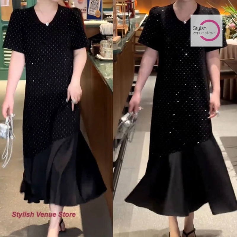 

French style fashion temperament rhinestone dress female summer plus size loose slim casual Joker T-shirt little black dress