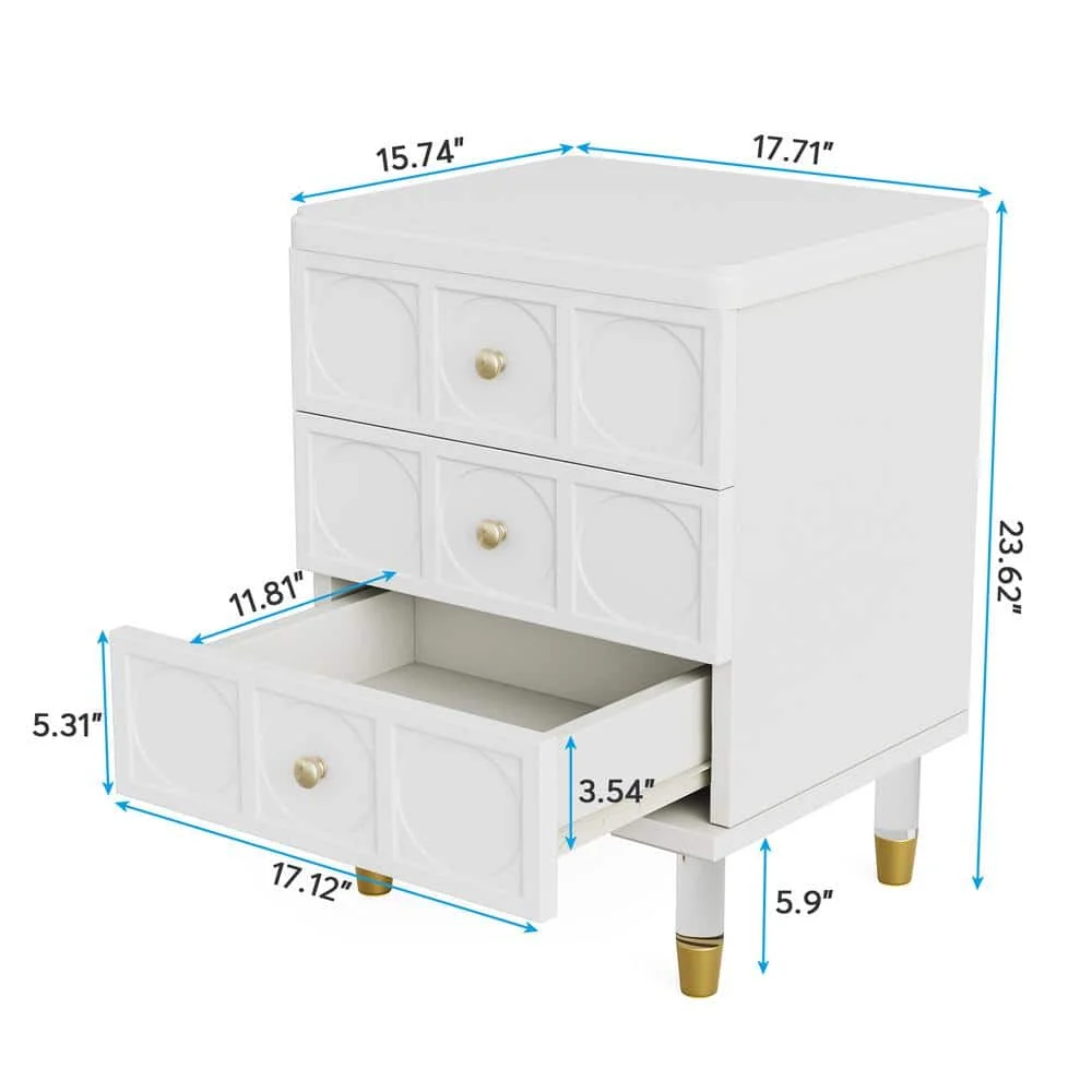 3-Drawer White and Gold Nightstand Modern Bedside Table for Bedroom livinroom