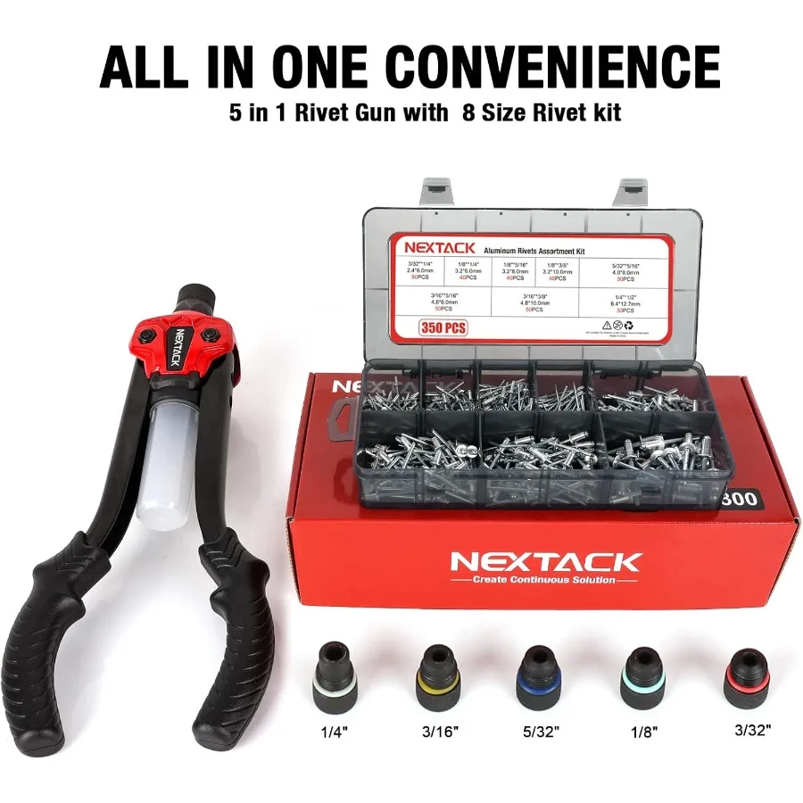ヘビーデューティー両手式1/4ポップリベットガンキットNT300、350個の各種リベットと5個のノーズピース付き、内蔵シャフトコンテナ搭載