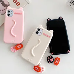 Korean style Cute 3D Cat Ear With Pendant Silicone Phone Case For iPhone 15 12 13 14 ProMax 7 8 6 Plus Shockproof Bumper Cover