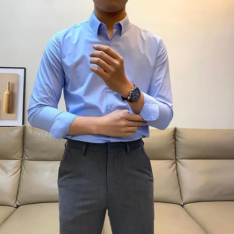 Smart Casual Commute Office Formal Handsome SlimSolid Color Classic Tall and Straight Sven Men's Long Sleeved Shirt Spring 2024