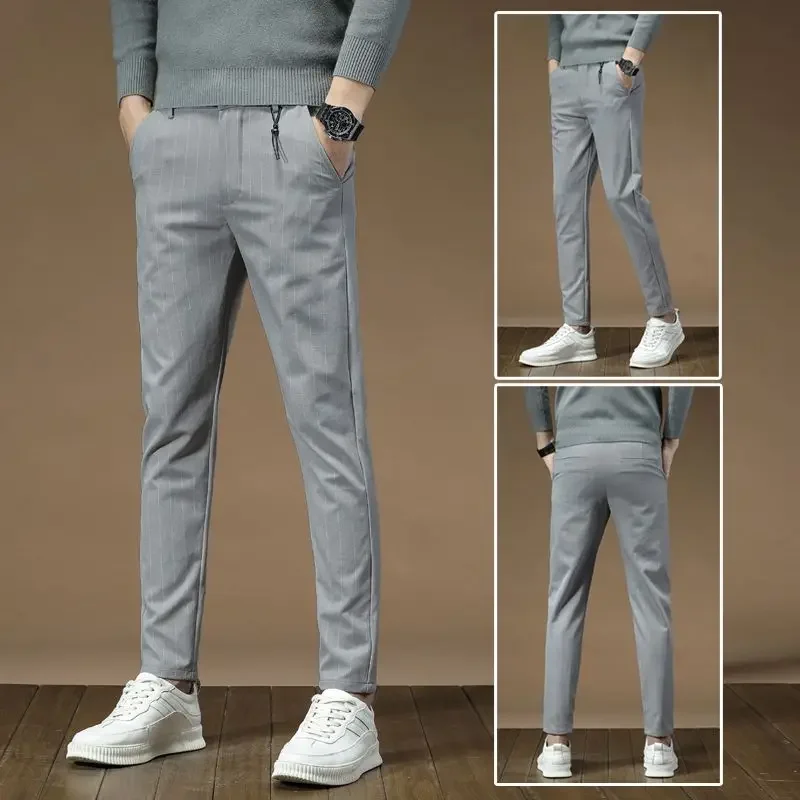 Fashion Men Business Casual Black Gray Checkered Suit Pants Male Slim Fit Straight Blazer Pants Ankle Length Cropped Trousers