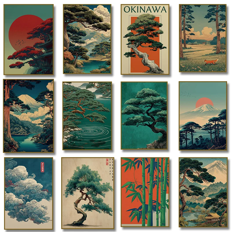 (1PC Unframe)Japanese Okinawa Pine Tree Fuji Mountain Canvas Painting Print  Retro Travel Poster Wall for Living Room Bedroom De
