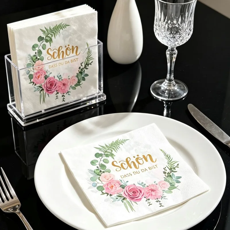 10/20Pcs 33x33cm 2-Ply German Quote Napkins Schön Dass Du Da Bist Welcome Party Table Decor Rose Wreath Floral Party Supplies