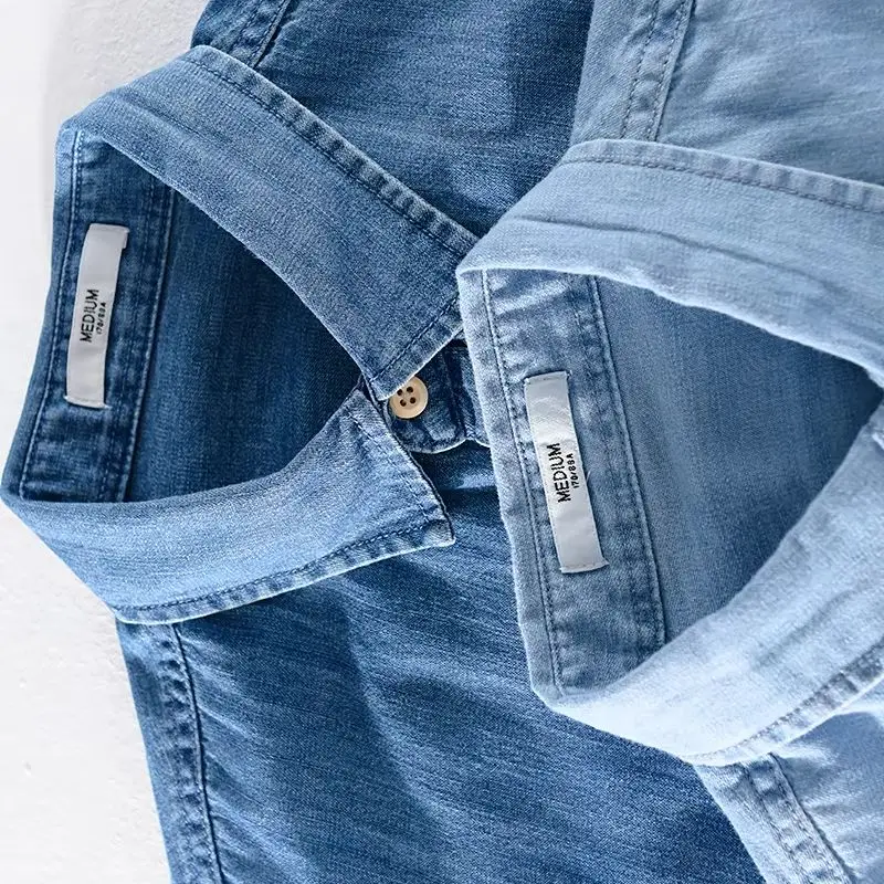 Italy Denim Short Sleeved Casual Cotton Shirt Men Brand Trend Comfortable Solid Top Clothes Chemise Homme Drop Shipping