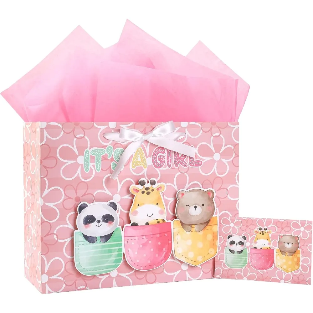 

Baby Girl Gift Bag Pink Animal Design with Tissue Paper and Greeting Card for Baby Shower, New Parents, and More - 13