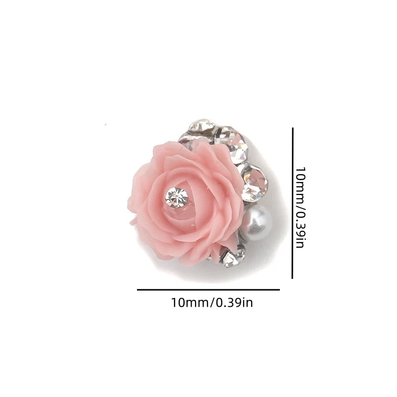 10Pcs Rose Flower 3D Nail Rhinestone Decoration Nail Jewelry Colorful Mixed Pearl Beads Charms Valentine's Nail Arts Supply