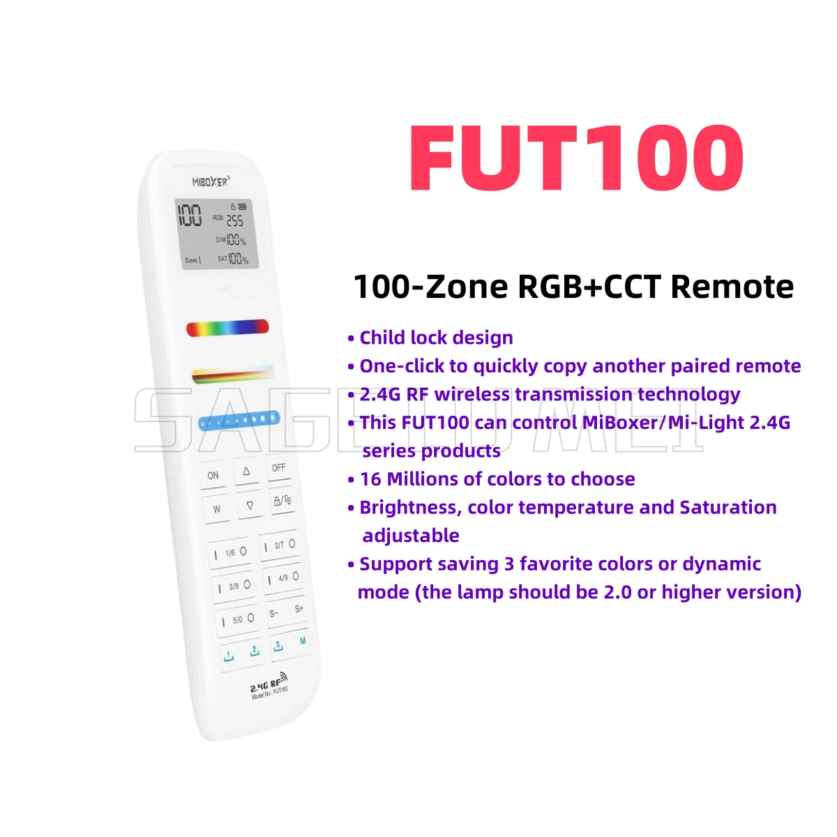 FUT100 Miboxer 100-Zone RGB+CCT LED Remote Controller 2.4G RF Wireless for MiLight MiBoxer 2.4G RGBCCT LED Lamps Controller Use